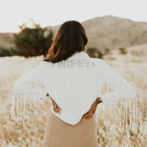 “Wifey” White Fringe Jean Jacket - Size (s/m)